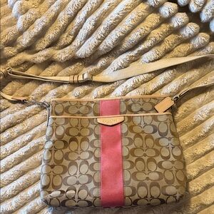Coach Signature Crossbody Bag in Tan with Pink Center Stripe